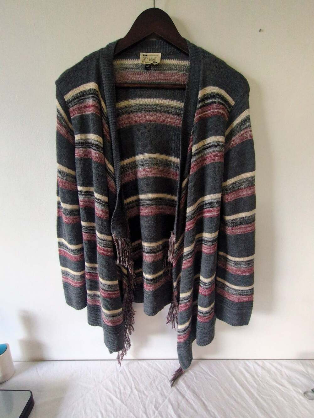 Say What Cardigan Sweater Size S Gray Striped Open Front Fringe